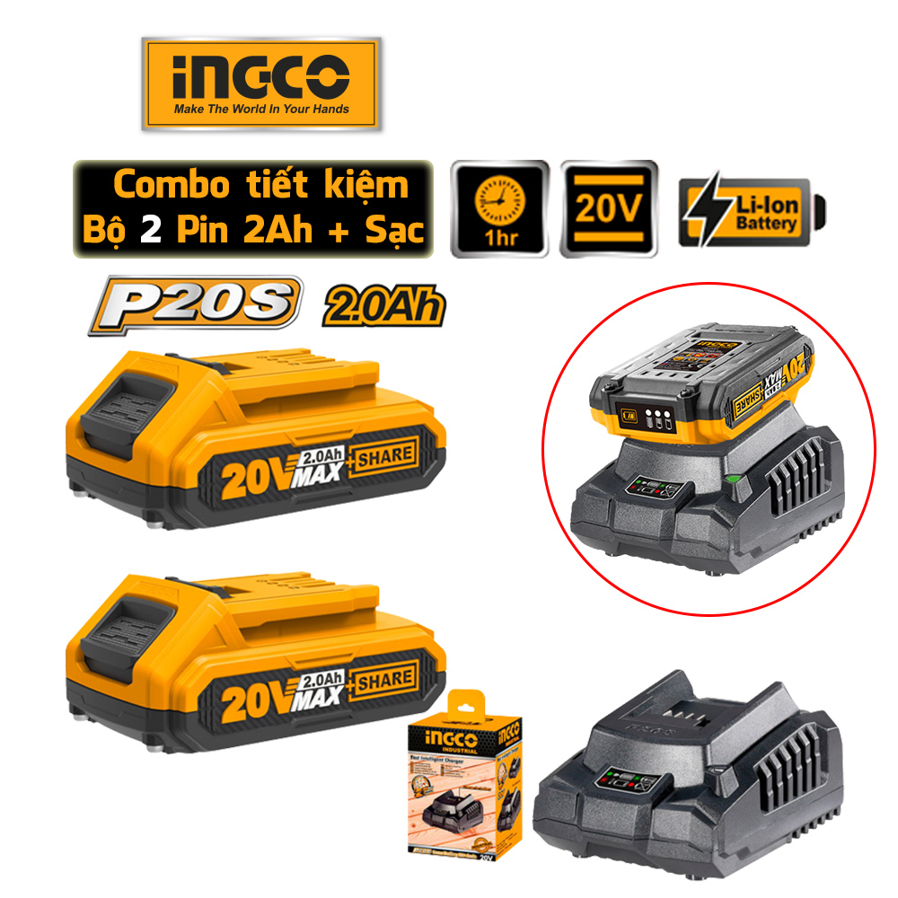 [Combo Tiết Kiệm] 2 Pin 2 Ah FBLI20011 và Sạc nhanh FCLI2001 dùng cho Máy Khoan Pin INGCO INGVN210 dòng 20V