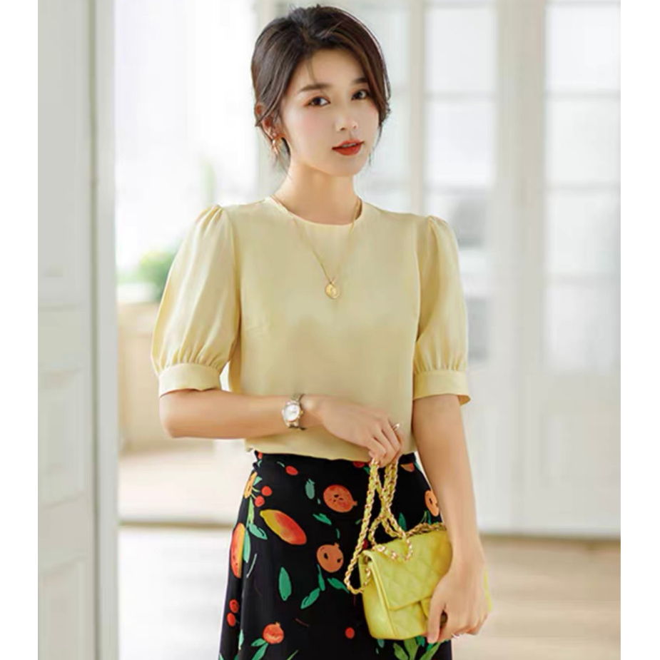 Áo Sơ Mi trung niên nữ U30 U40 U50,Áo Sơ Mi Nữ Cổ Tròn Tay Lửng Vàng Bơ Chất Lụa Cao Cấp HT_ Thời Trang Trung Niên