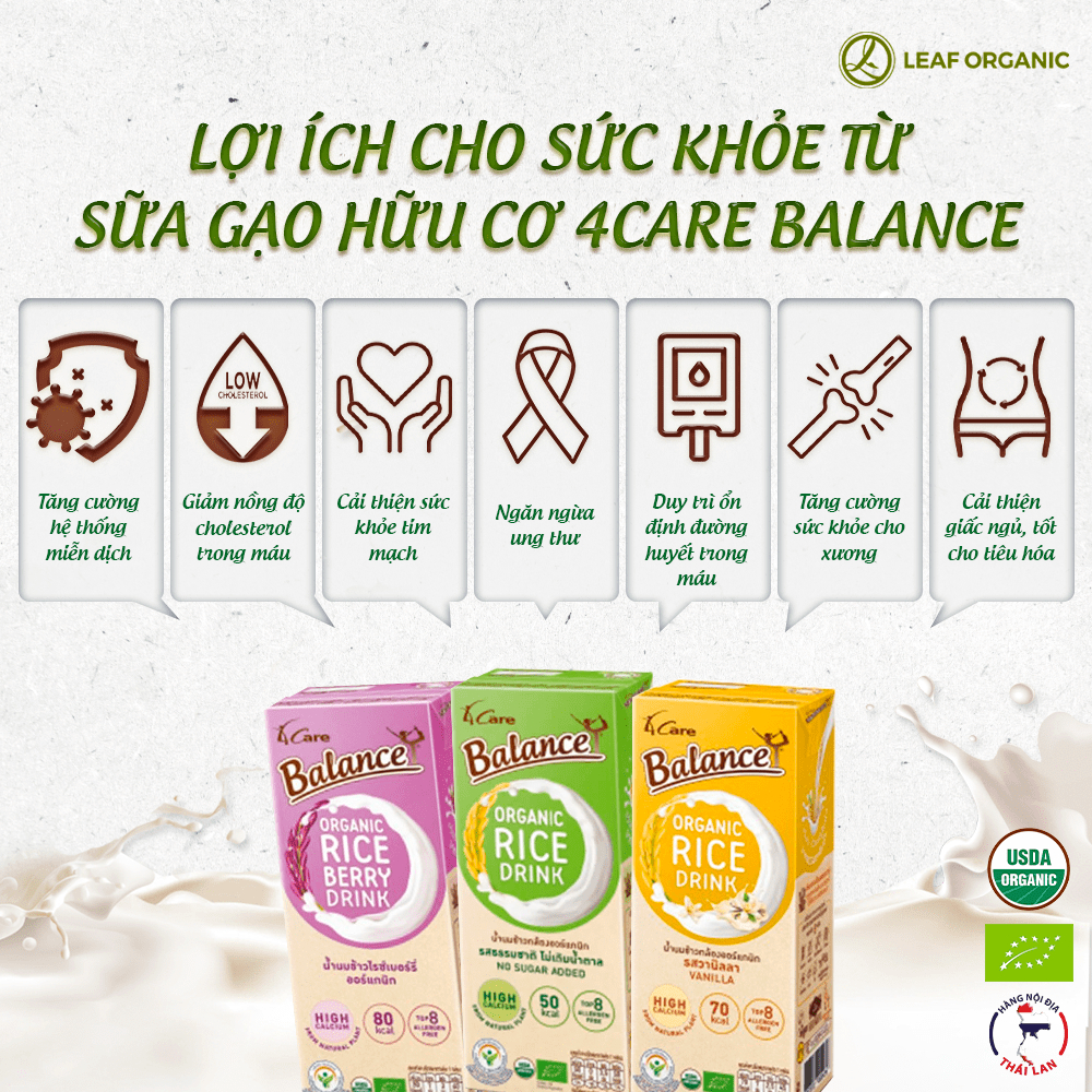 THÙNG SỮA GẠO HỮU CƠ 4CARE BALANCE 36 HỘP VỊ VANI/GẠO TÍM/KHÔNG ĐƯỜNG - 180ML/HỘP