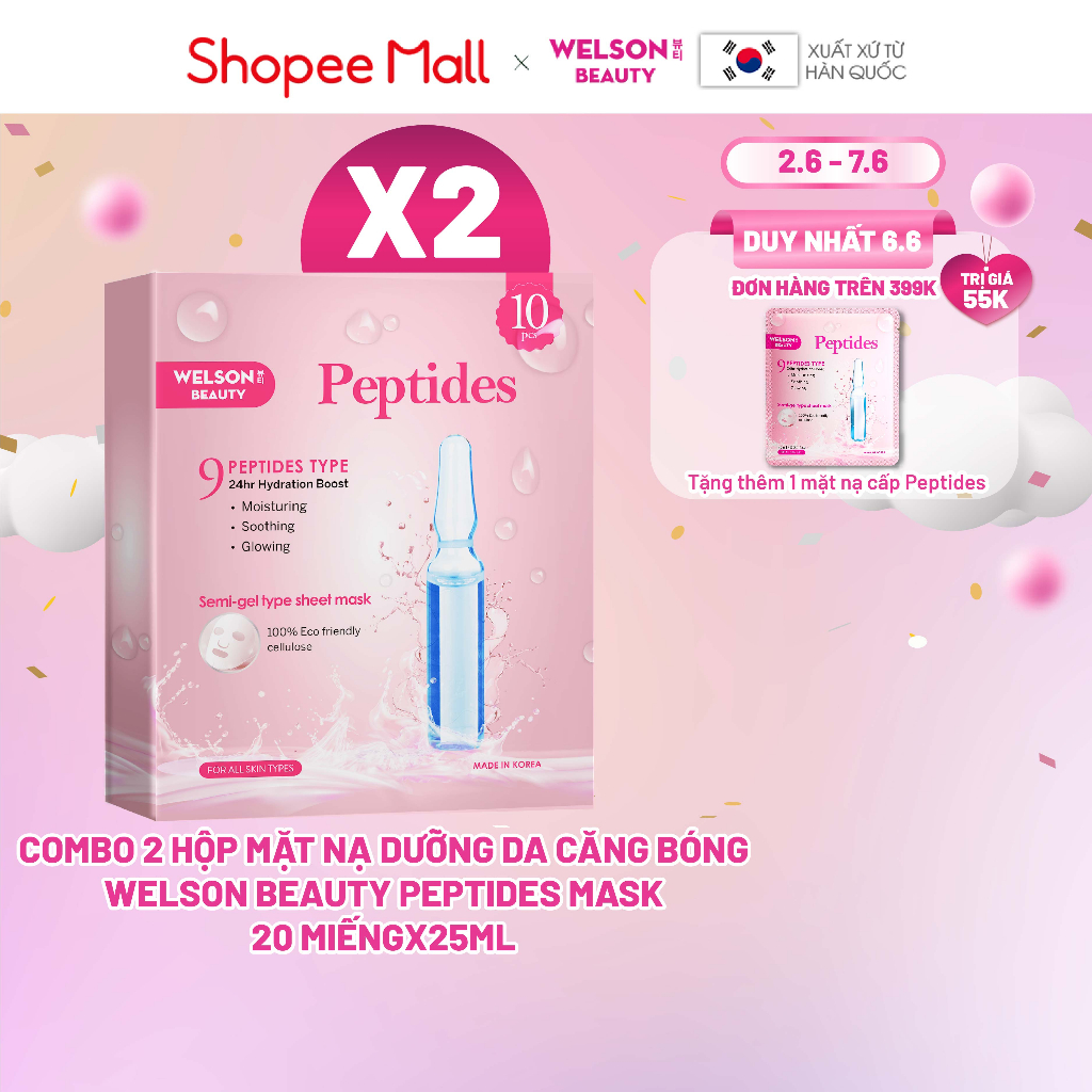 Combo 2 hộp mặt nạ dưỡng da căng bóng Welson Beauty Peptides Mask 20 Miếng x 25 ml