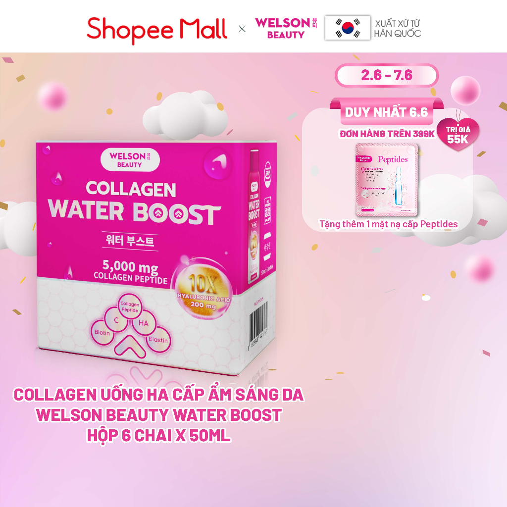 Collagen uống HA cấp ẩm sáng da Welson Beauty Water Boost hộp 6 chai x 50ml