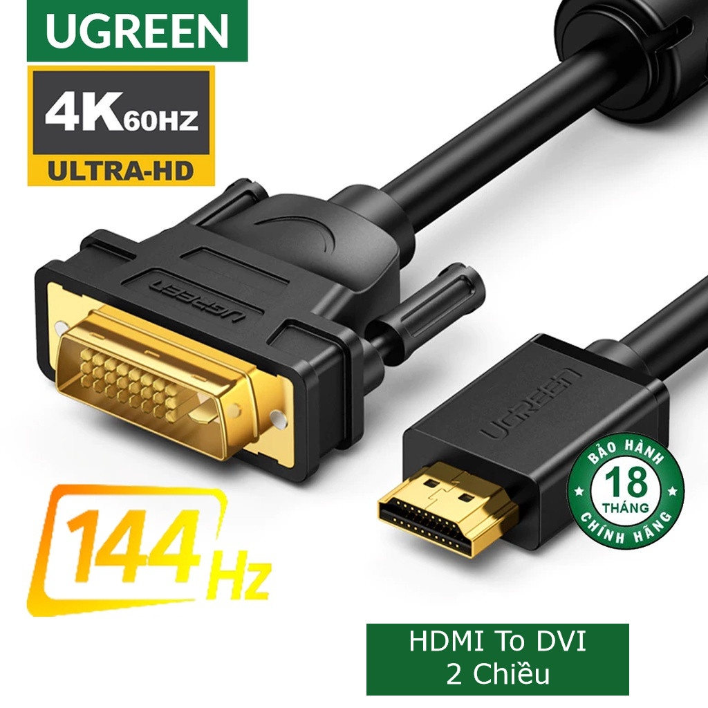 Dây HDMI to DVI UGreen HD106 Từ Laptop, Card màn hình, Android Set-top Box... ra màn hình Tivi, Bảo hành 12 tháng