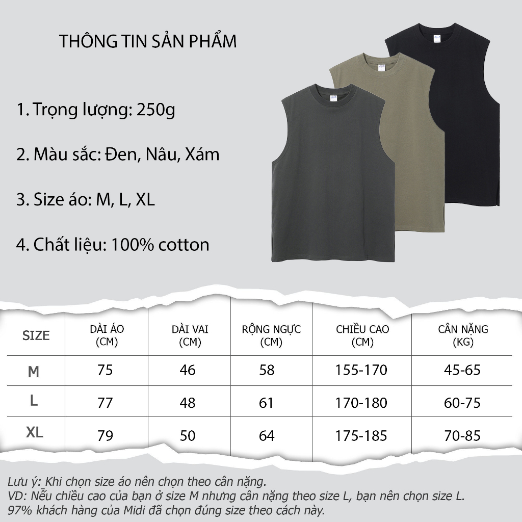 Áo thun ba lỗ Midi tanktop sát nách thể thao cho nam tập gym phom rộng bigsize chất liệu cotton thấm hút mồ hôi