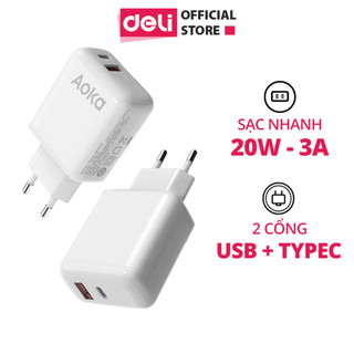 Củ Sạc Nhanh AOKA by Deli VS6012 - Cục Sạc 2 Cổng USB-A Type C Công Suất 20W Chân Tròn Cho Điện Thoại Máy Tính Bảng