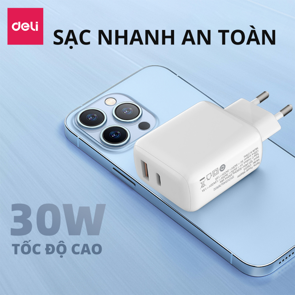 Củ Sạc Nhanh AOKA by Deli VS6013 - Cục Sạc 2 Cổng USB-A Type C Công Suất 30W Chân Tròn Cho Điện Thoại Máy Tính Bảng