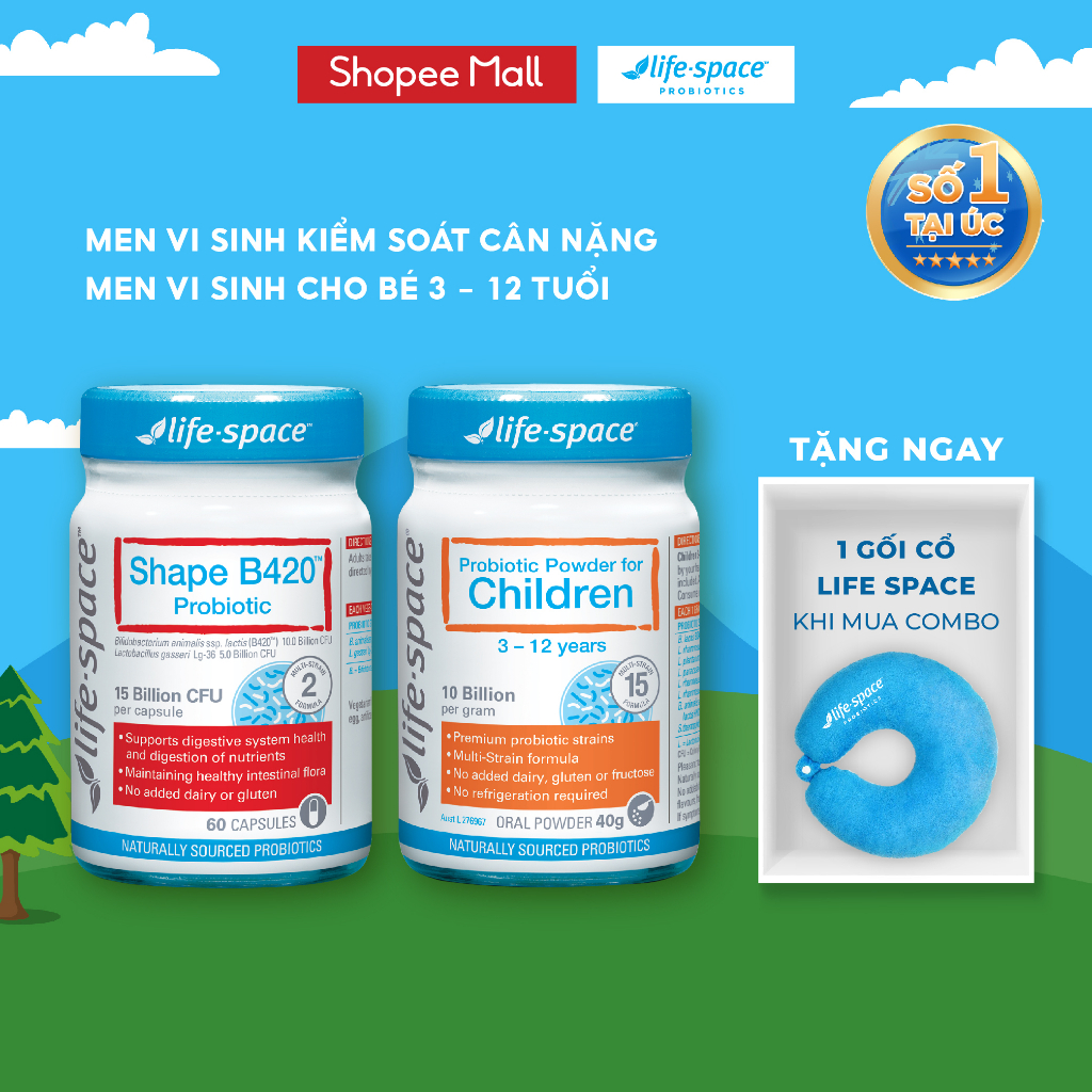 Combo Men vi sinh Life Space Shape B420 Probiotic 60v & Probiotic Power for Children dành cho bé 3 - 12 tuổi 40g