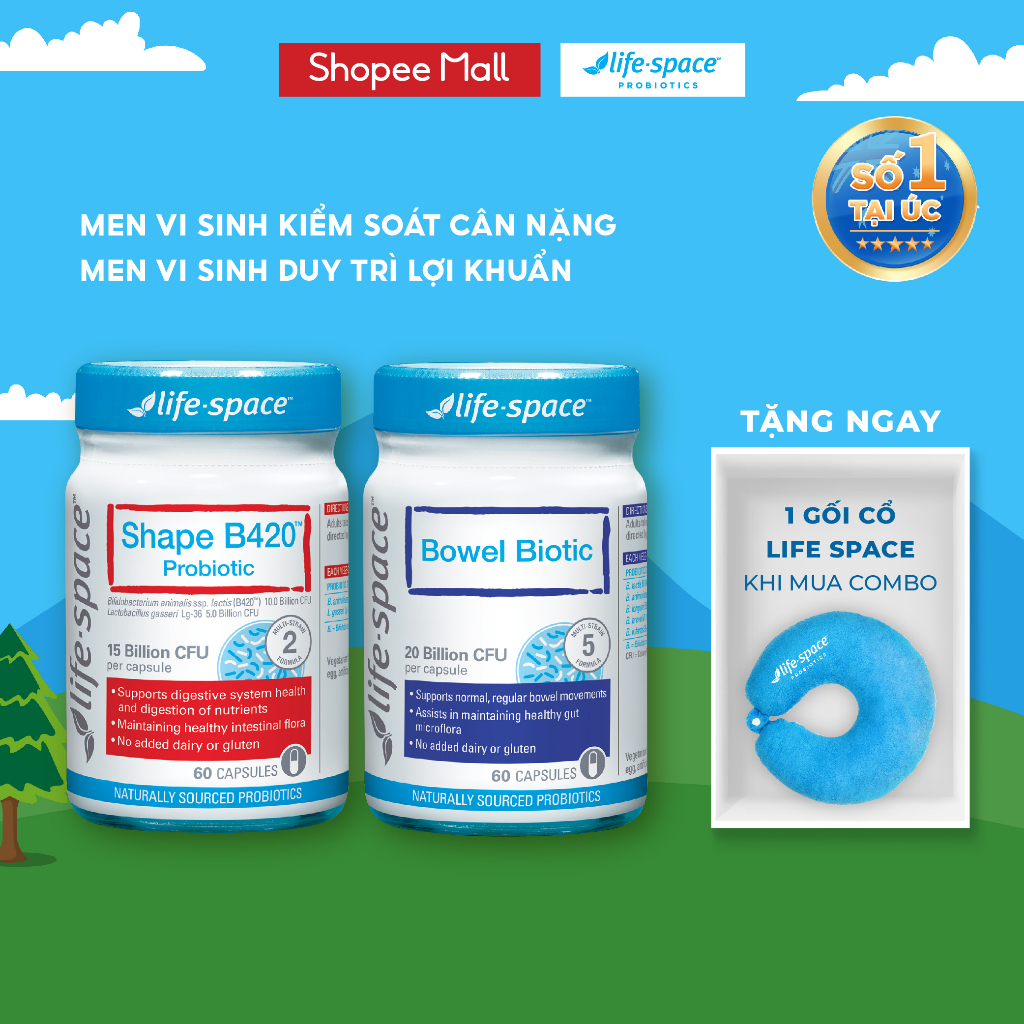 Combo Men vi sinh Life Space Shape B420 Probiotic 60v & Bowel Biotic hỗ trợ tiêu hóa dành cho người lớn 60 viên