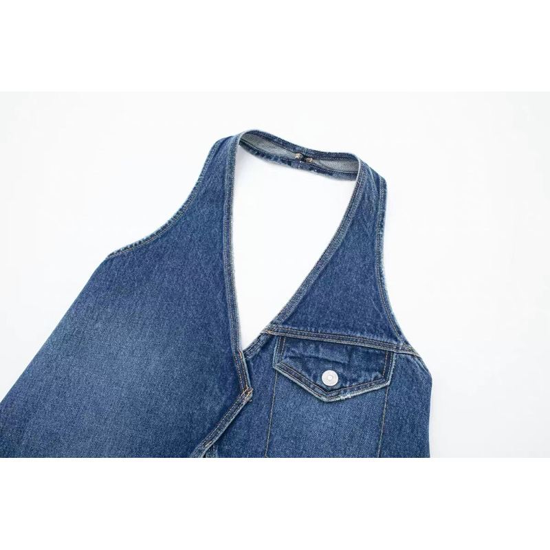 Áo denim cổ yếm gài nút