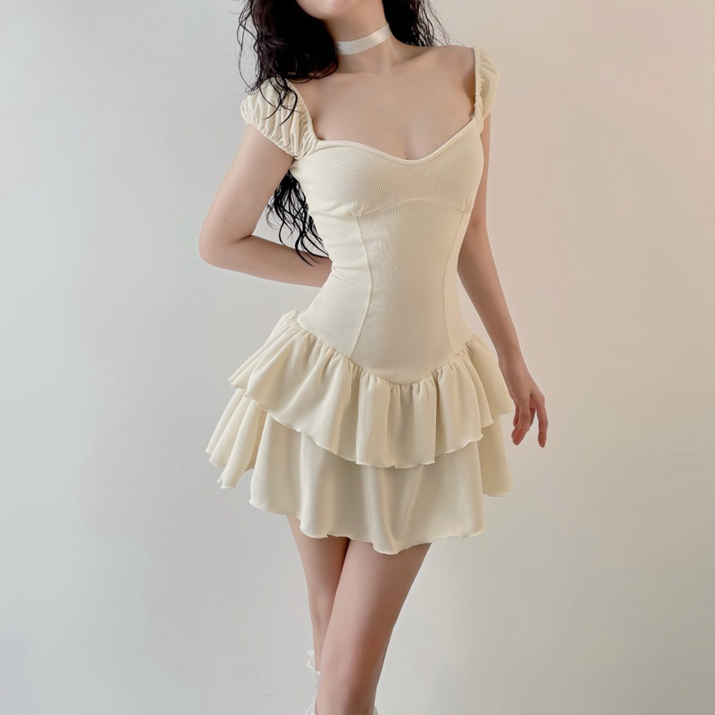 Đầm Xoè Tay Con 2 Tầng Cúp Ngực Tay Con Chất Thun Mới 2023 Lolita Quyến Rũ Sang Trọng