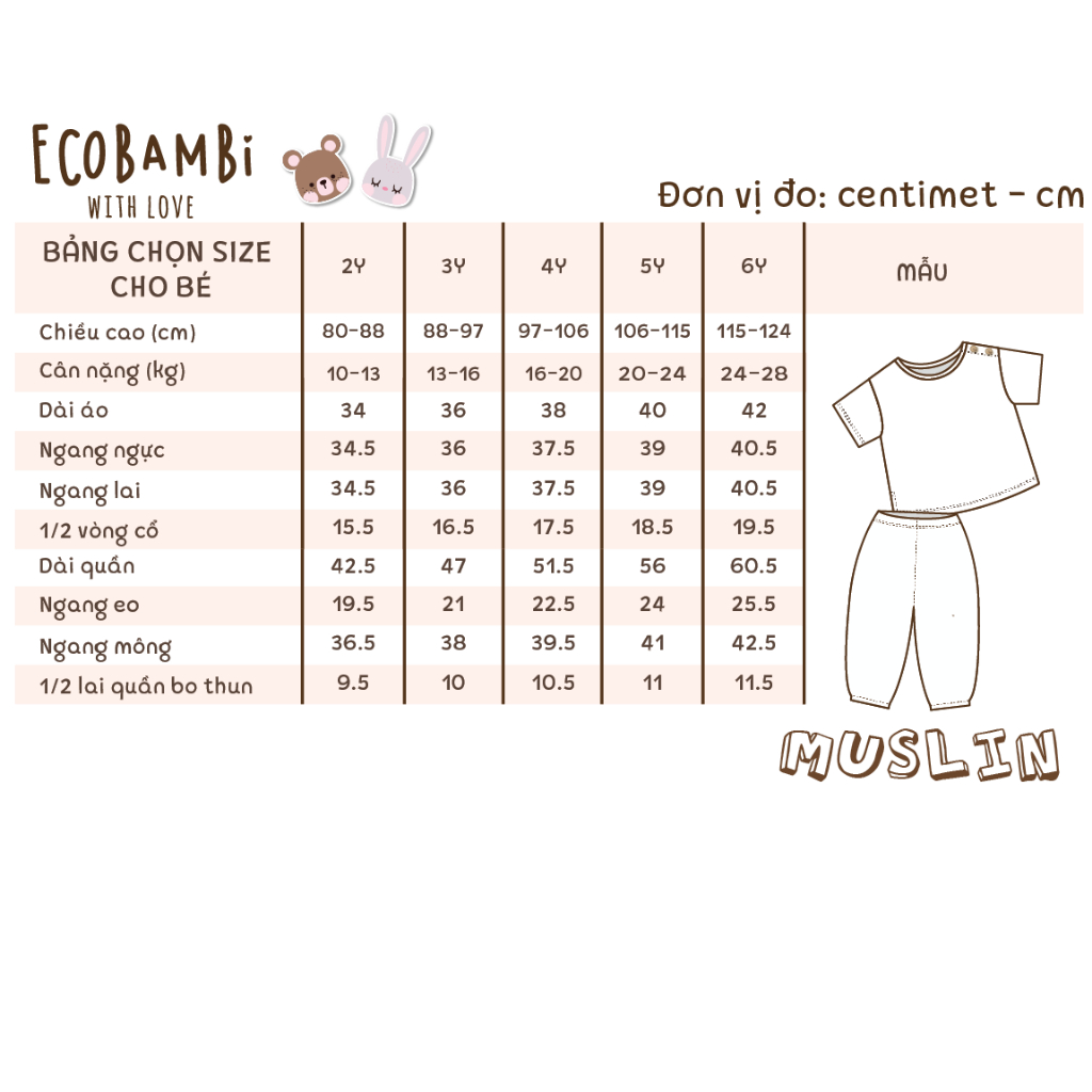 Bộ cotton Muslin Unisex TAY NGẮN, QUẦN THỤNG phong cách Hàn Quốc cho bé - ECOBAMBI