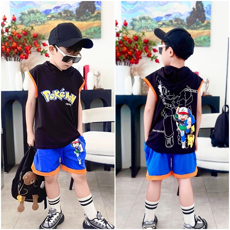 Quần áo bé trai, bộ sát nách nón Pokemon  sành điệu cho bé trai từ 25 đến 40 kg