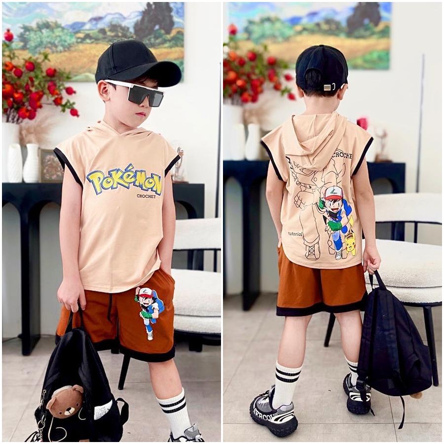 Quần áo bé trai, bộ sát nách nón Pokemon  sành điệu cho bé trai từ 25 đến 40 kg