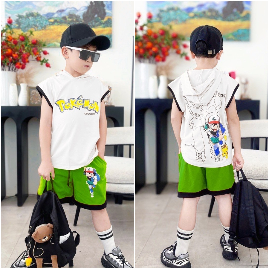 Quần áo bé trai, bộ sát nách nón Pokemon  sành điệu cho bé trai từ 25 đến 40 kg