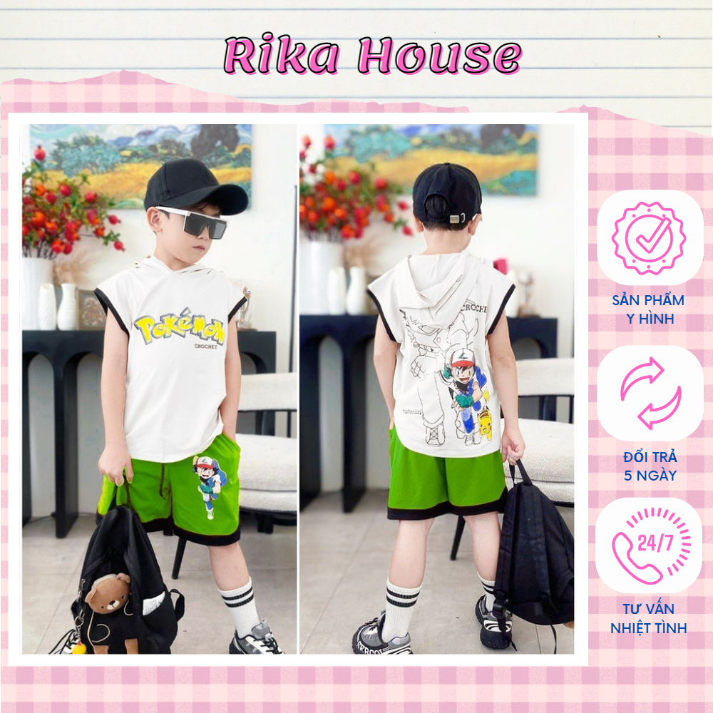 Quần áo bé trai, bộ sát nách nón Pokemon  sành điệu cho bé trai từ 25 đến 40 kg