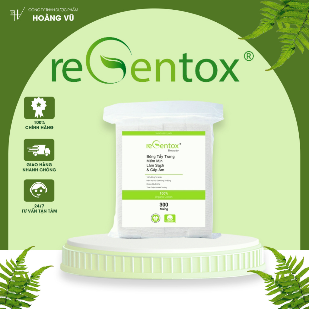 Bông Tẩy Trang Vuông Regentox Cotton Sợi Bông Tự Nhiên An Toàn Sạch Tối Ưu Cho Da 300 Miếng/Túi