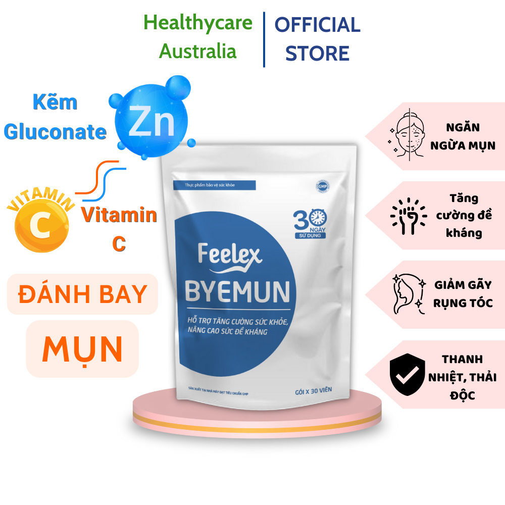 Viên uống Feelex byemun Giảm Mụn viêm, Ẩn, Thâm, Đầu Đen Cho Da Dầu Mụn Bổ sung Kẽm ZinC,vitamin C gói 30 viên (30 ngày)