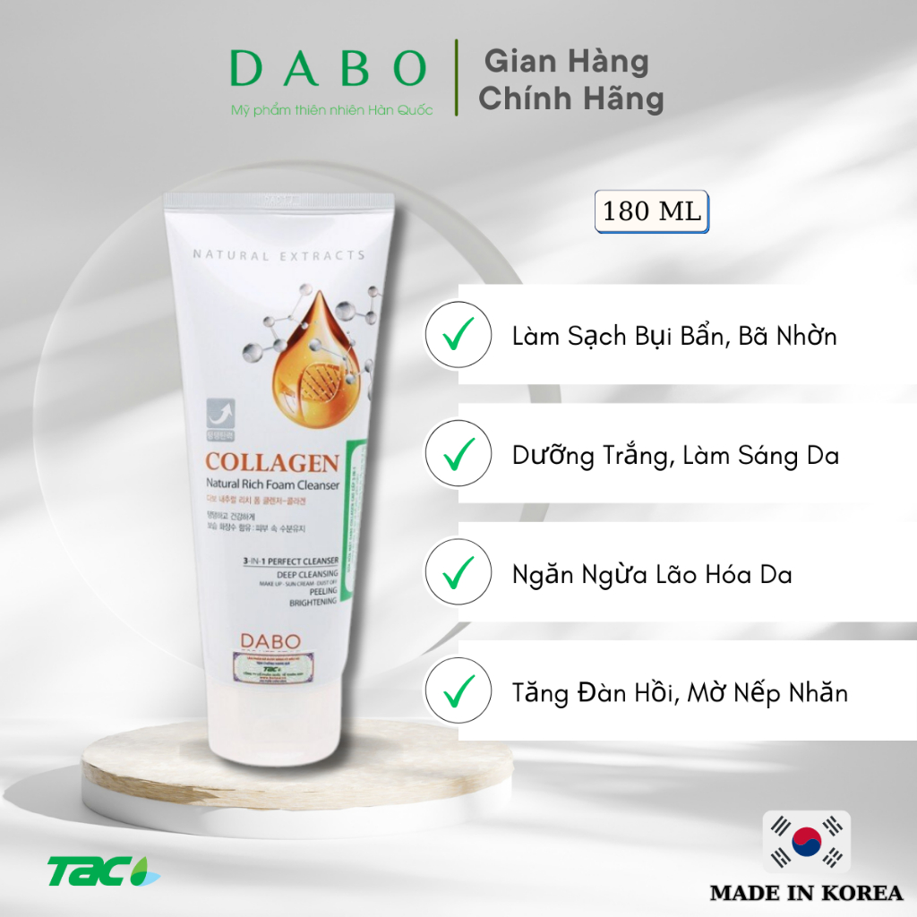 Sữa rửa mặt 3 in 1 Collagen Dabo Hàn Quốc 180ml THIÊN ANH BEAUTY