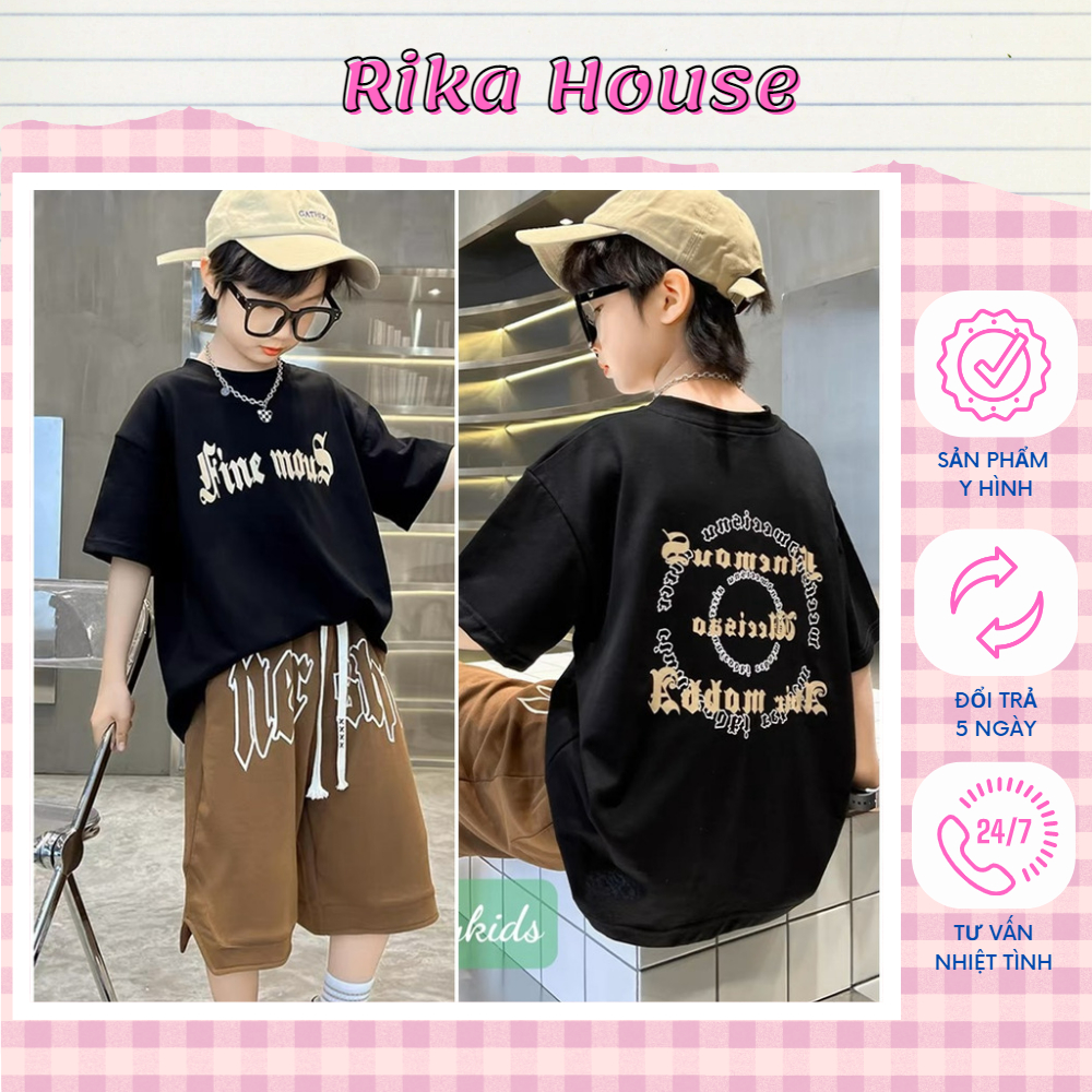 Quần áo bé trai, bộ thun in chữ Fine Mous  sành điệu cho bé trai từ 25 đến 40 kg