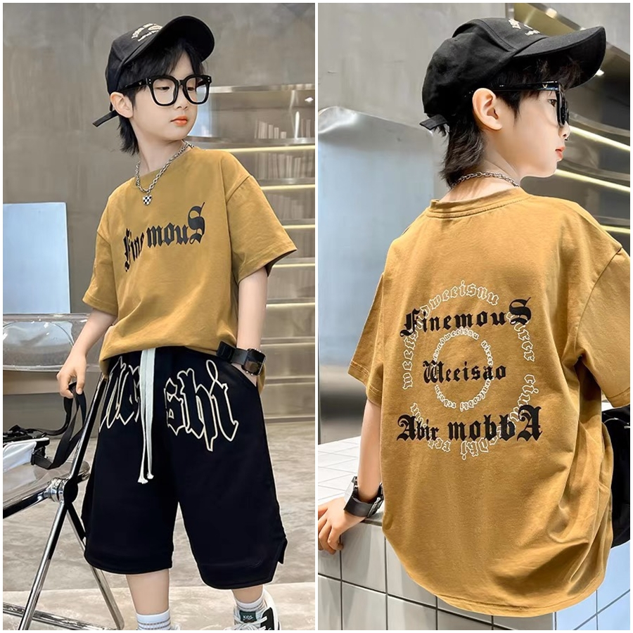 Quần áo bé trai, bộ thun in chữ Fine Mous  sành điệu cho bé trai từ 25 đến 40 kg