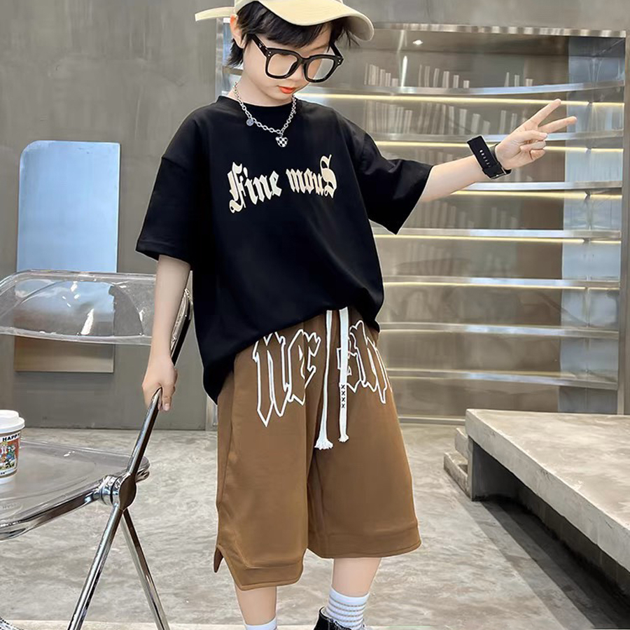 Quần áo bé trai, bộ thun in chữ Fine Mous  sành điệu cho bé trai từ 25 đến 40 kg