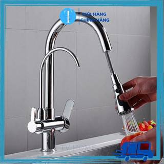 Vòi rửa bát chén dây rút nóng lạnh 3 đường nước đồng mạ crom TV HOME chính hãng. Bảo hành 24 tháng