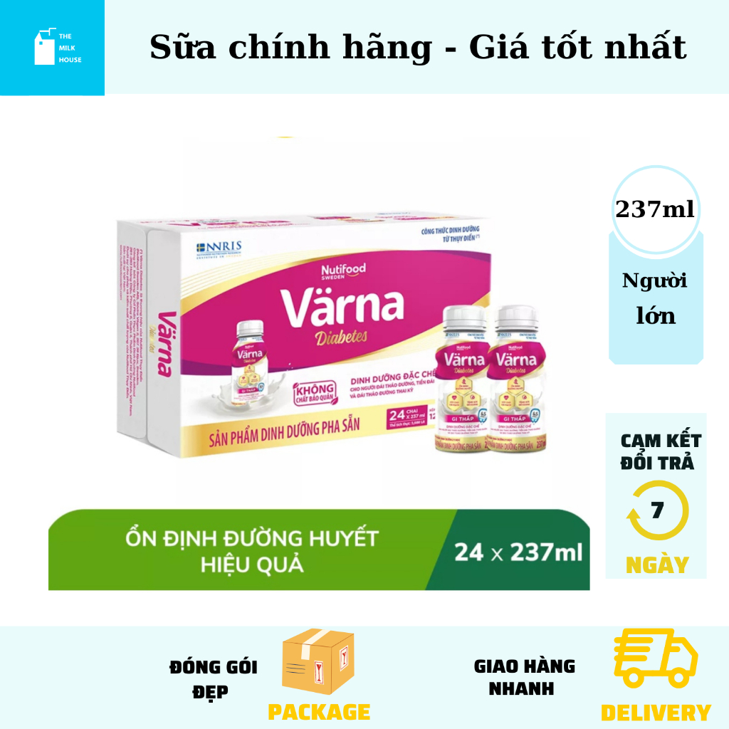 [HSD T3-2025] Sữa Varna Diabetes 237ml pha sẵn thùng 24 chai, Sữa Varna Nutifood cho người đái tháo đường
