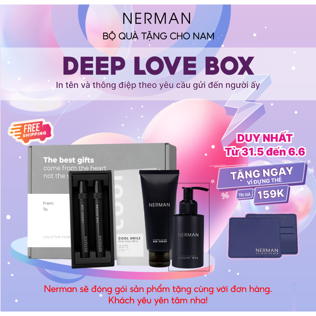 Bộ quà nam giới DEEP LOVE BOX NERMANXịt thơm miệng 10ml/chai & Dung dịch vệ sinh nam