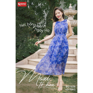 Đầm nữ CARDINA Đầm Maxi chất liệu tơ cao cấp cổ yếm họa tiết 3VT03