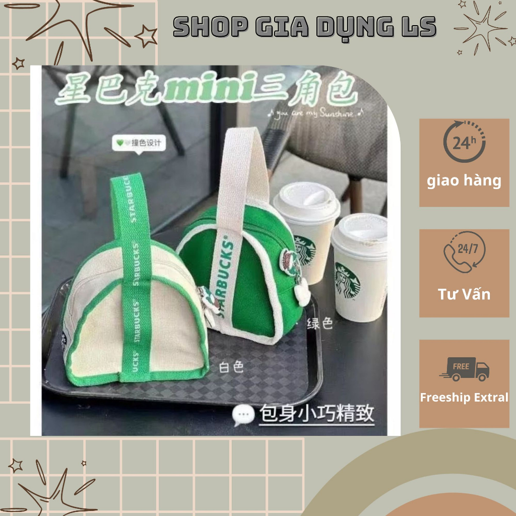 Túi đựng đồ starbuck mini chất liệu vải dày dặn có 2 móc khóa kèm sticker size 18cm