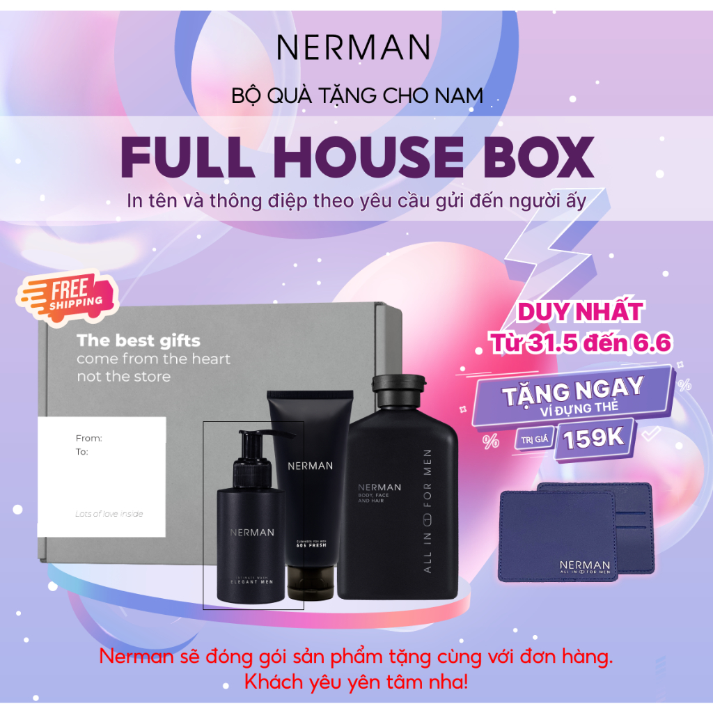 Bộ quà tặng nam giới FULL-HOUSE BOX Nerman-Sữa tắm gội 350ml&Gel vệ sinh nam 100ml&Gel rửa mặt 100ml