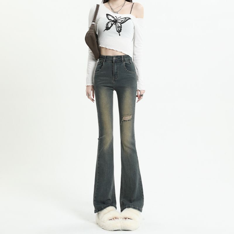 Quần Jeans Nữ Ống Loe Màu Rêu Xịn Hàng QC Đẹp - Quần Bò nữ cạp cao ống loe