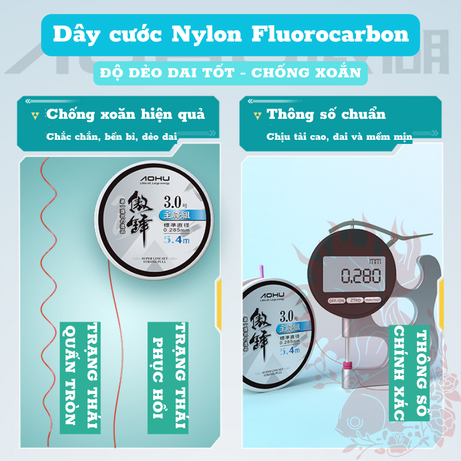 Dây trục câu đài săn hàng chính hãng AOHU buộc sẵn Japao trục câu đài săn hàng cước tàng hình cao cấp 3m9 4m5 5m4 6m3