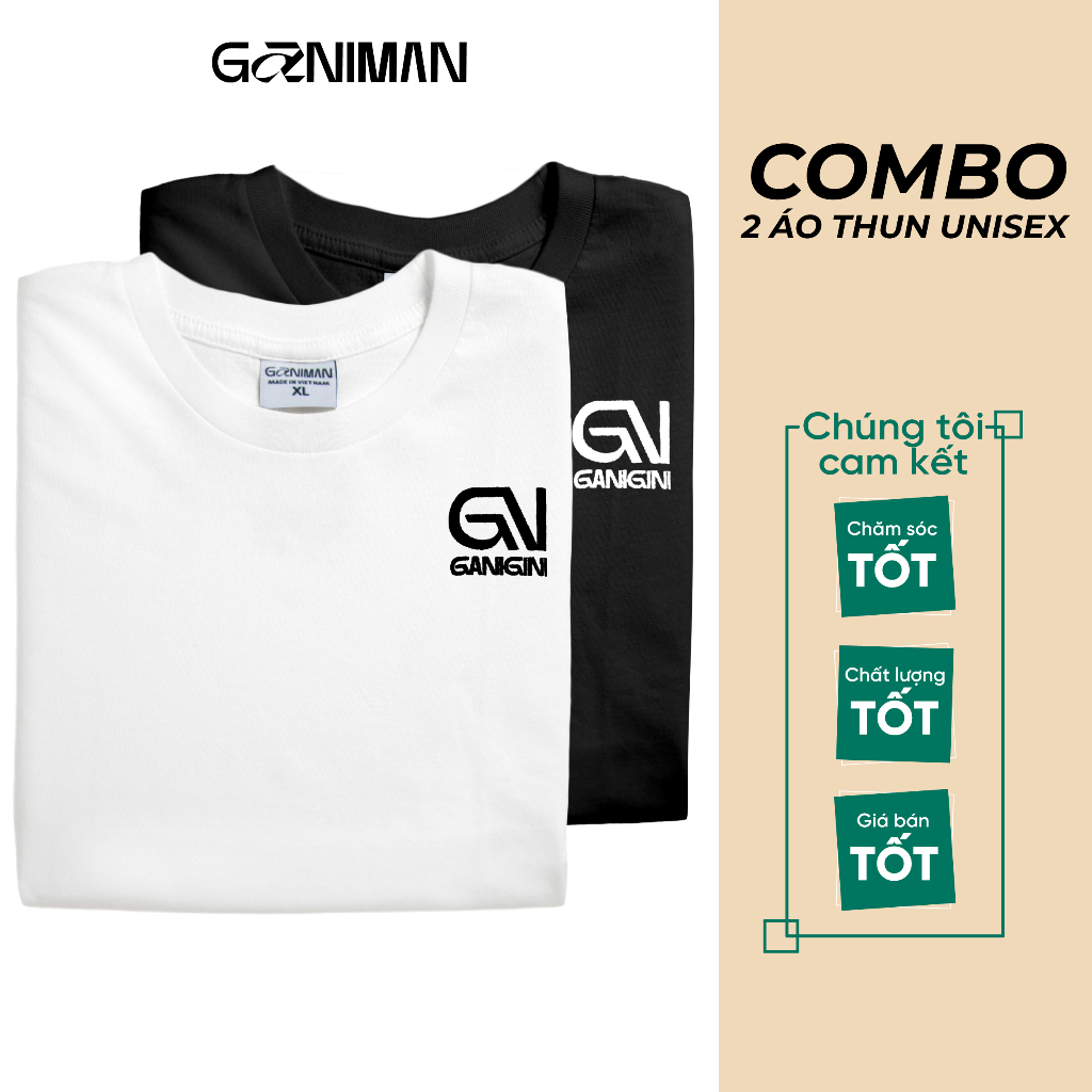 Combo 2 áo Thun Unisex Ganiman 100% Cotton thoáng mát, không phai màu, không xù lông (1 trắng + 1 Đen)