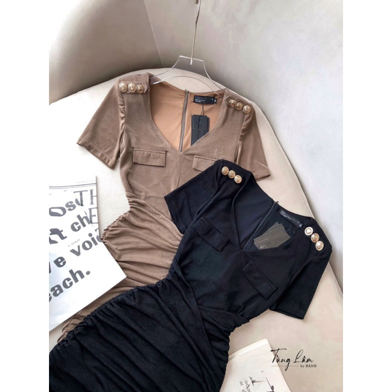 Váy body nhúng khuy vai dáng ngắn