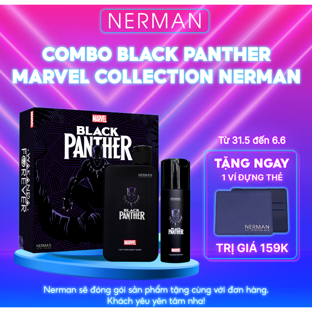Combo Black Panther Marvel Collection Nerman - Sữa tắm gội 2 in 1 350g & Sữa rửa mặt 100g