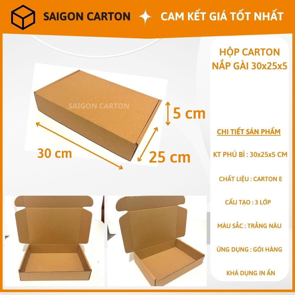 Hộp carton đóng gói hàng cho shop thời trang size 30x25x5 nắp gài - Mua 40 tặng 10 - sản xuất bởi SÀI GÒN CARTON