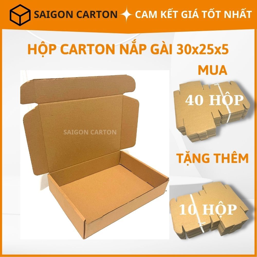 Hộp carton đóng gói hàng cho shop thời trang size 30x25x5 nắp gài - Mua 40 tặng 10 - sản xuất bởi SÀI GÒN CARTON