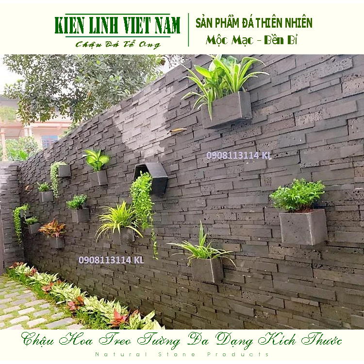 Chậu ốp tường hình chữ nhật KT D30xR10xC15cm, chậu treo hàng rào đá ong xám mộc mạc, bền vĩnh viễn