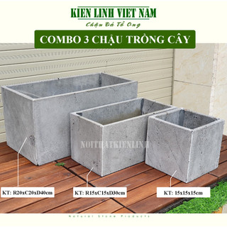 Combo 3 chậu trồng hoa ban công, bằng đá ong xám tự nhiên thô mộc đẹp mắt, hình chữ nhật và hình vuông