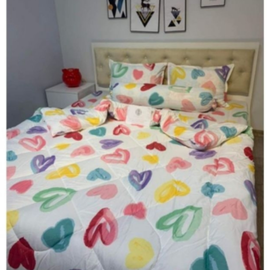 Bộ Chăn Ga Gối 5 Món Siêu Đẹp Phù Hợp Thời Tiết Hè Thu Chất Liệu Vải Poly Cotton Mềm Mịn - Thỏ Tim Đỏ, Bò Xám,...