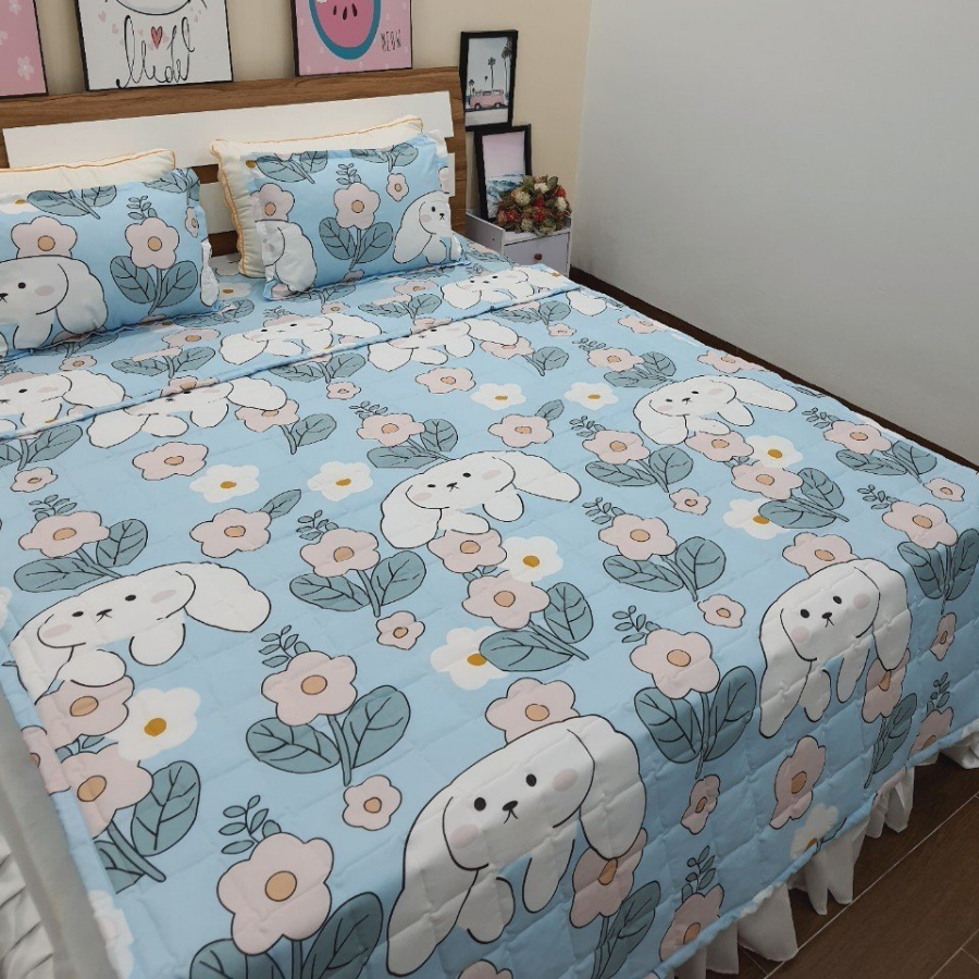 Bộ Chăn Ga Gối 5 Món Siêu Đẹp Phù Hợp Thời Tiết Hè Thu Chất Liệu Vải Poly Cotton Mềm Mịn - Thỏ Tim Đỏ, Bò Xám,...