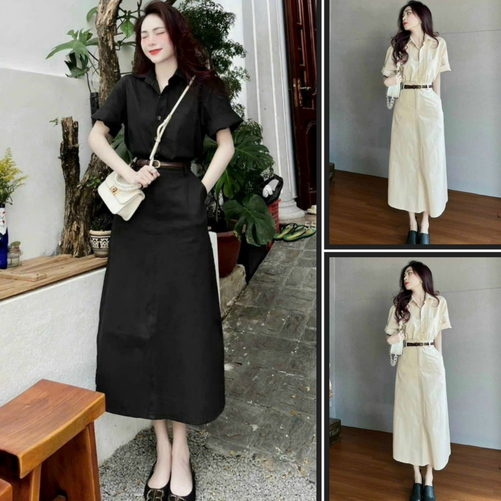 Set đồ nữ áo somi tay ngắn mix chân váy dáng dài chất kaki kèm dây nịt basic thời trang hot dành cho các nàng hẹn hò