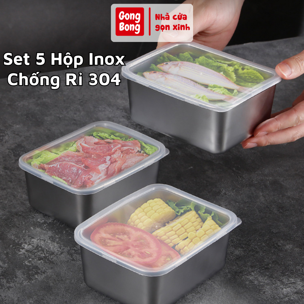 Set 5 hộp inox chống rỉ 304 kèm nắp nhựa bảo quản thực phẩm đa năng sử dụng được cho lò vi sóng tiện lợi