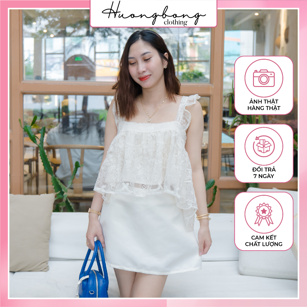 Set Váy Nữ Phối Áo 2 Dây Ren Hoa + Chân Váy Trơn đơn giản sang chảnh phù hợp mùa hè đi biển - Hương Bống Clothing HB201