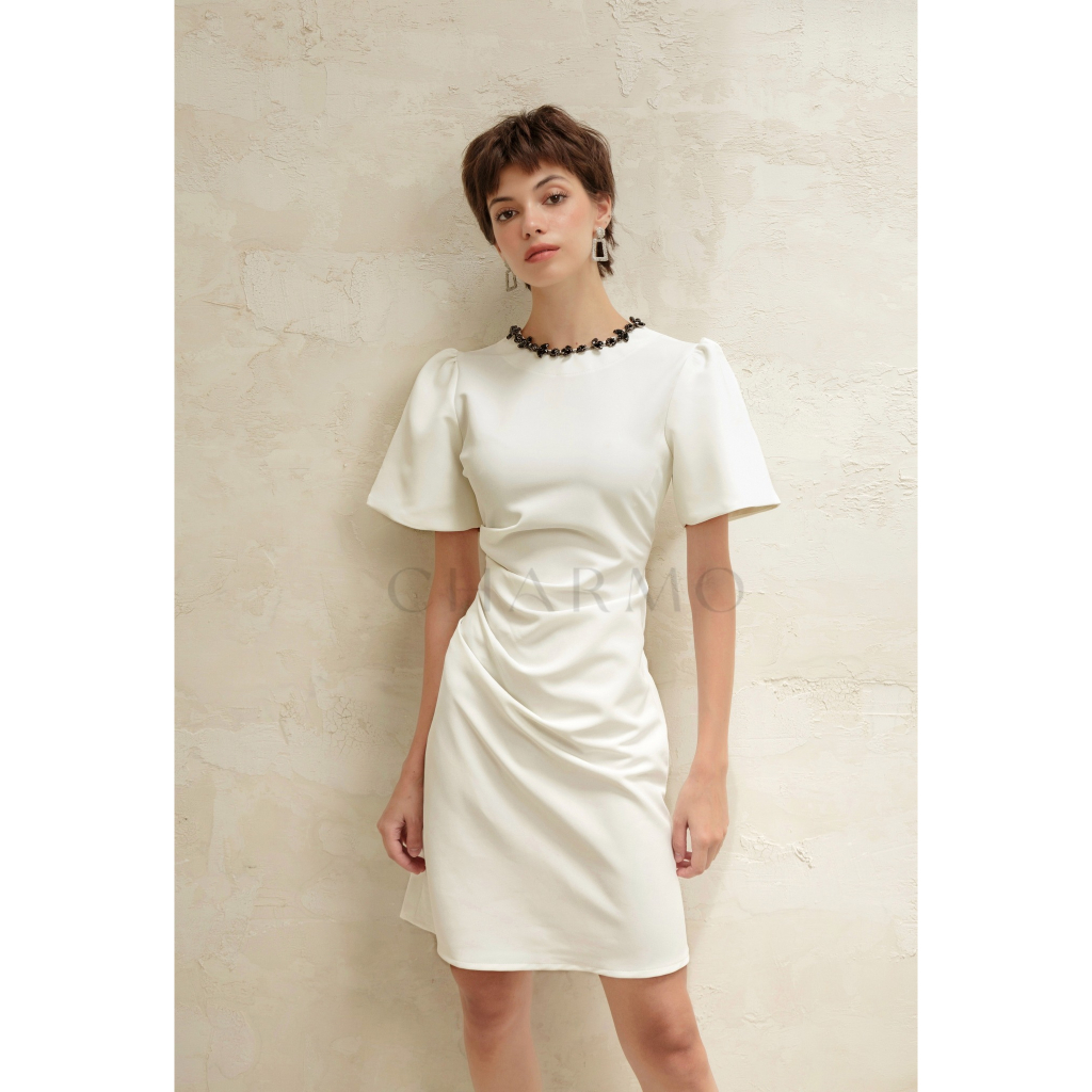 Đầm thiết kế cổ tròn CHARMO nhúng eo tay phồng vải cotton mịn có độ co giãn và rủ nhẹ Drawstring Necklace Dress