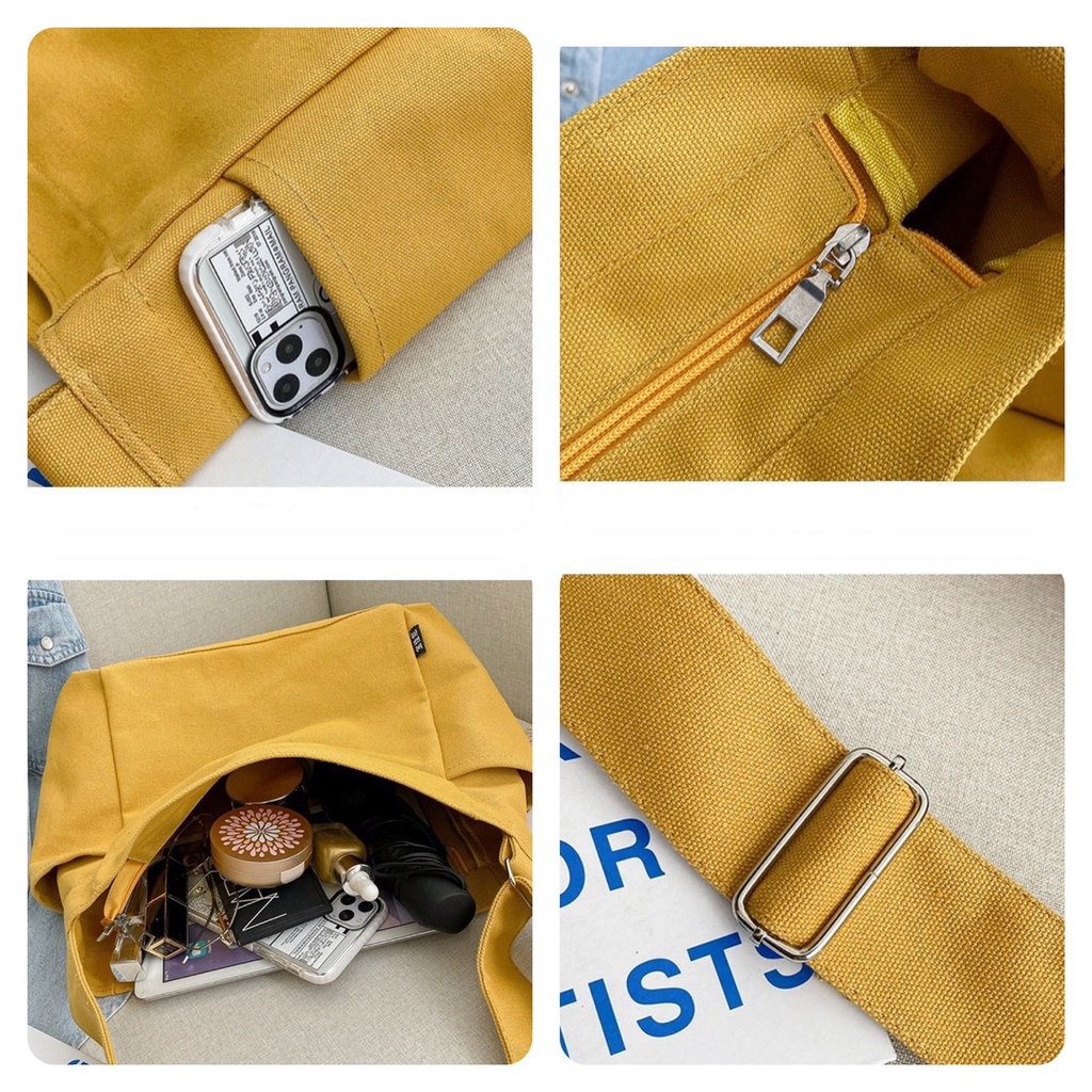 Túi đeo chéo nam nữ vải canvas màu vàng túi đeo vai đi học đi chơi phong cách Hàn Quốc
