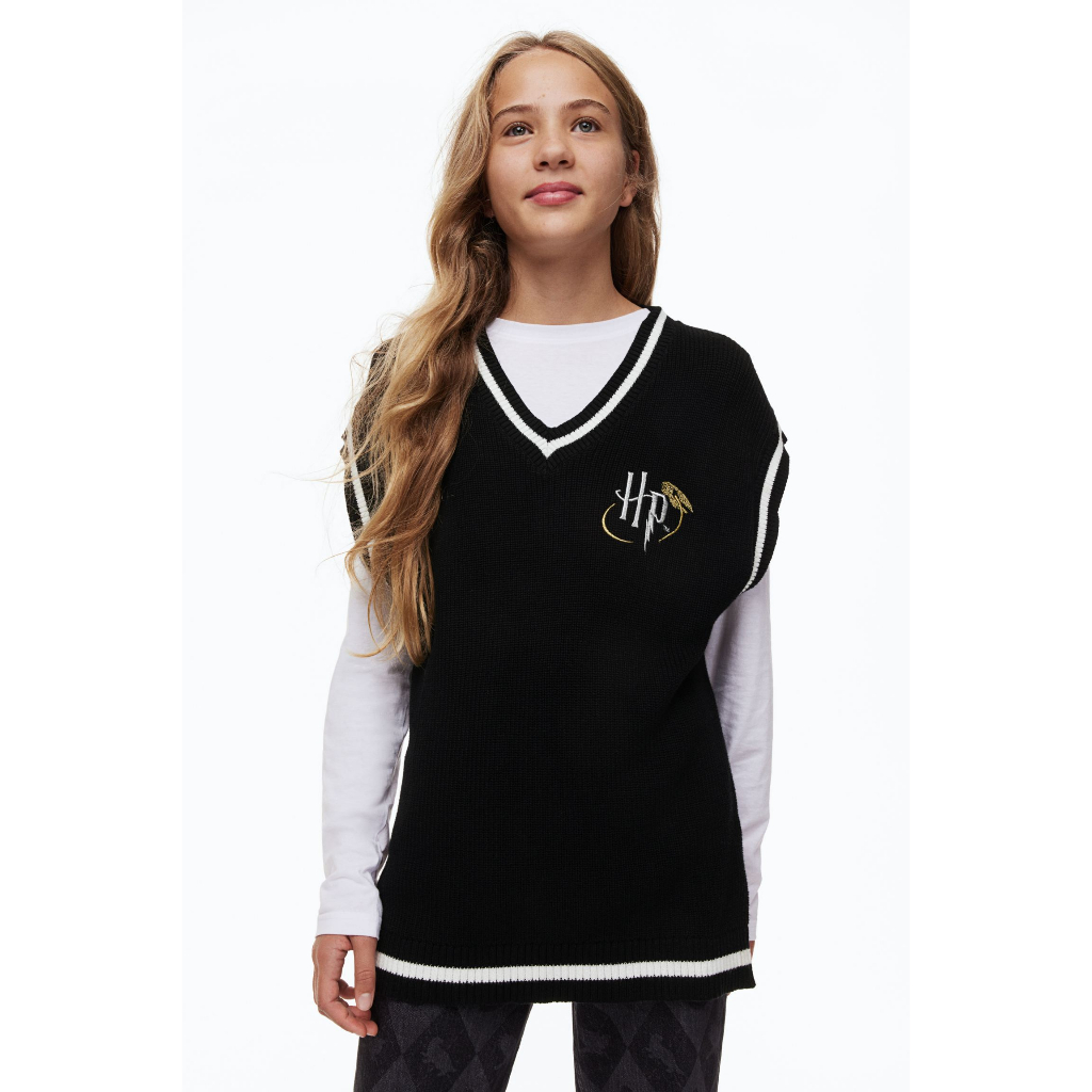H&M Đức - Áo ghile vest len dáng dài cổ V Harry Potter màu đen viền trắng sale auth cao cấp có sẵn 1106883001