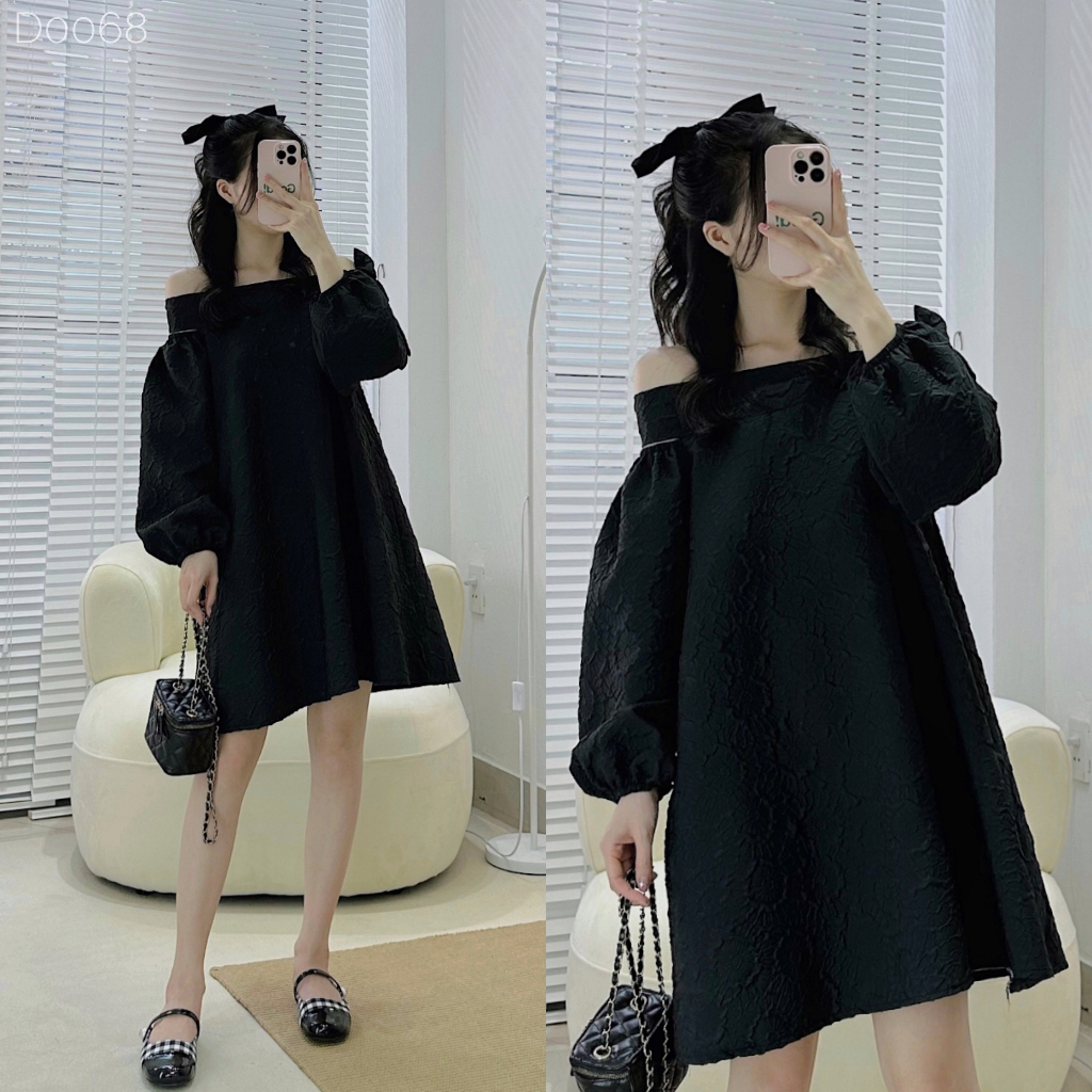 [D0068] Đầm sơ mi xốp phồng trễ vai thắt nơ ( Có sẵn/Ảnh thật)