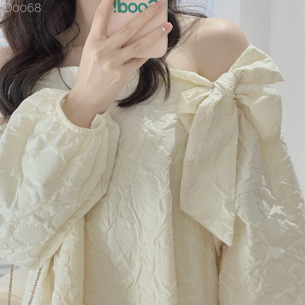 [D0068] Đầm sơ mi xốp phồng trễ vai thắt nơ ( Có sẵn/Ảnh thật)