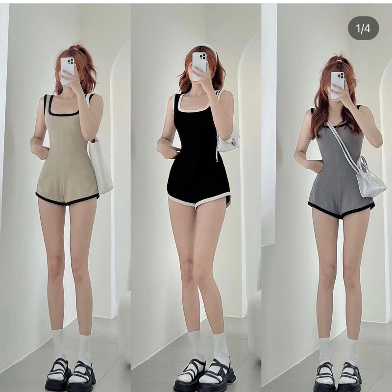 Bộ Jum PLAYSUIT liền thân viền trắng thun gân tăm co giãn mái | BigBuy360 - bigbuy360.vn